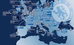 Mapa przedstawiająca gdzie trafiają zawodnicy Chelsea