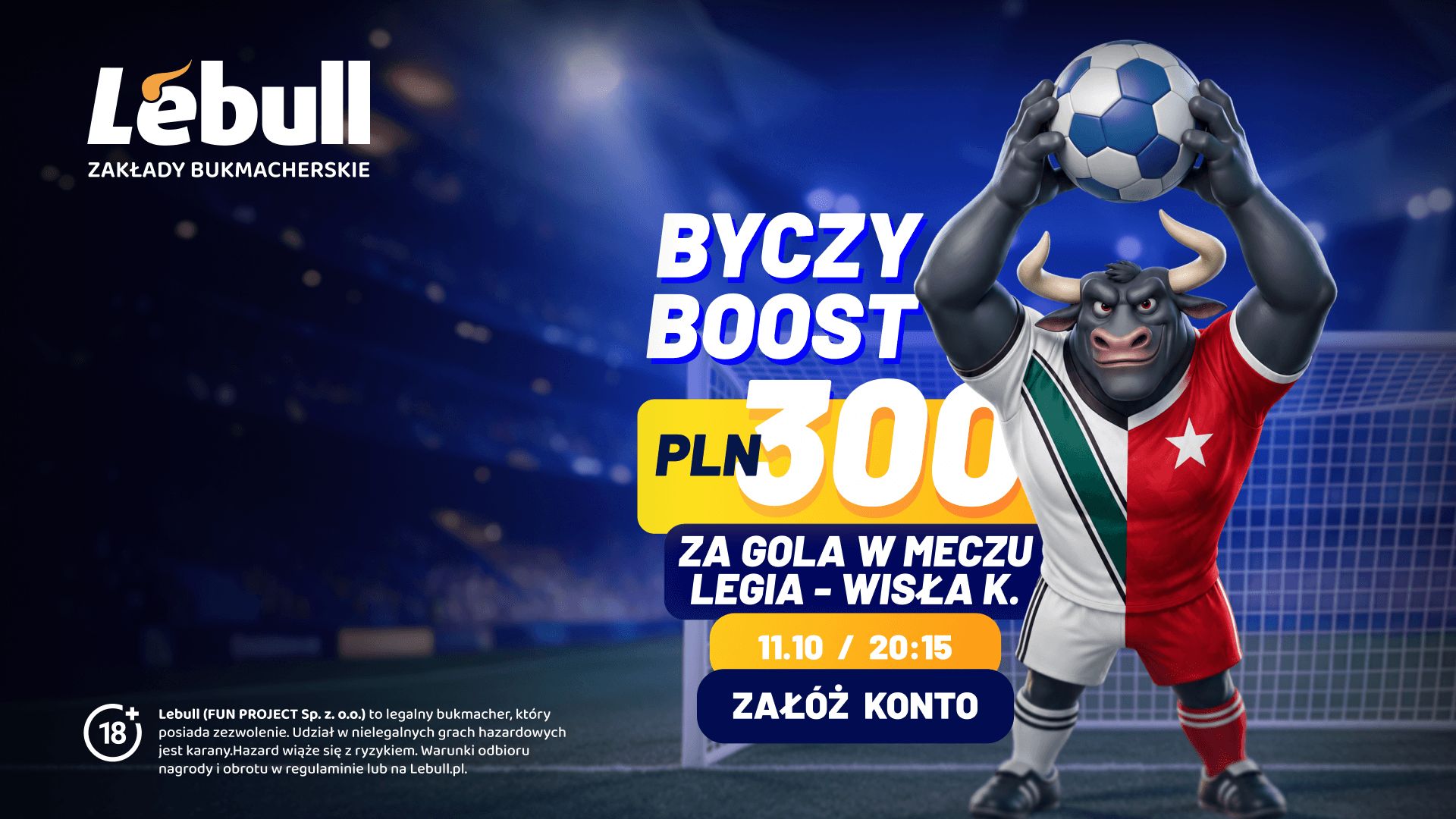 Baner promocji Lebull ByczyBOOST: 300 PLN za gola w meczu Legia - Wisła Kraków