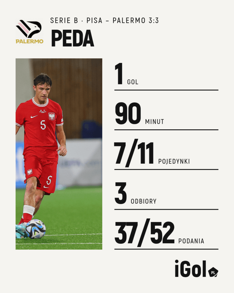 Grafika z liczbami Patryka Pedy w meczu Pisa – Palermo