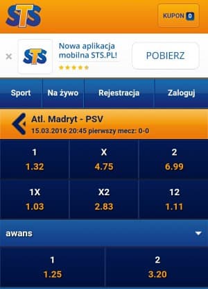 Kursy na mecz Atletico - PSV (www.sts.pl)