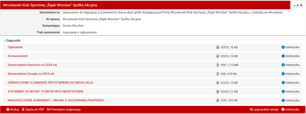zaproszenie do negocjacji w przedmiocie zbycia akcji spółki działającej pod firmą Wrocławski Klub Sportowy „Śląsk Wrocław” Spółka Akcyjna, z siedzibą we Wrocławiu