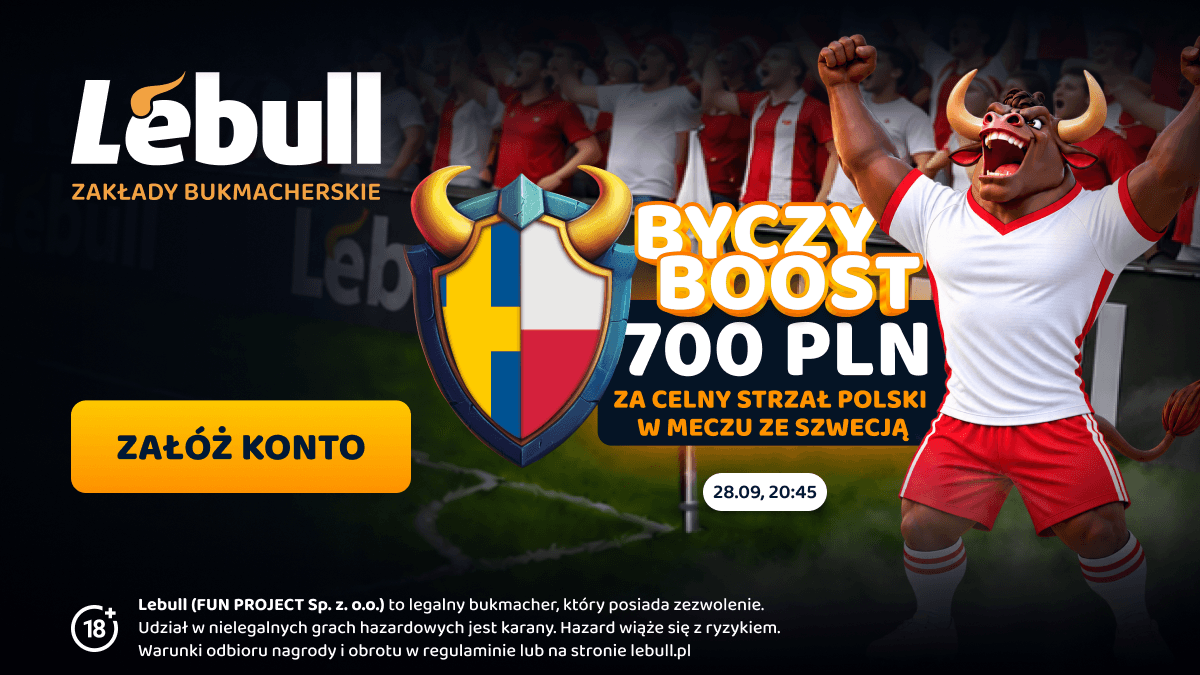Baner promocji Lebull: do 700 zł bonusu za celny strzał reprezentacji Polski w meczu ze Szwecją, 28 września o 20:45